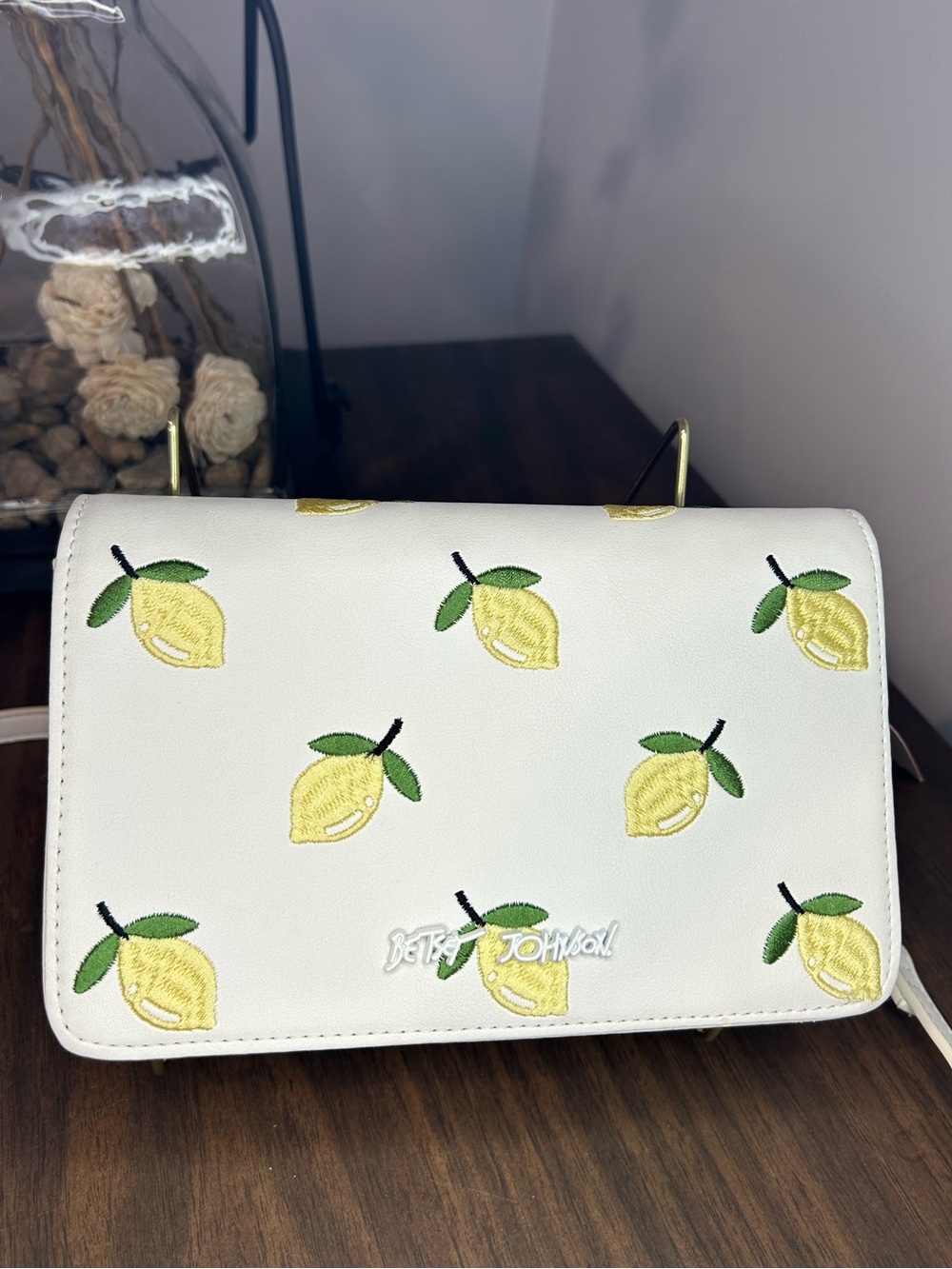 Betsey Johnson NWT White Lemon Embroidered Chain Crossbody Bag